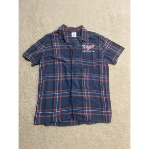 General Motors Official Corvette Shirt Mens Large Blue Plaid Button‎ Up Casual